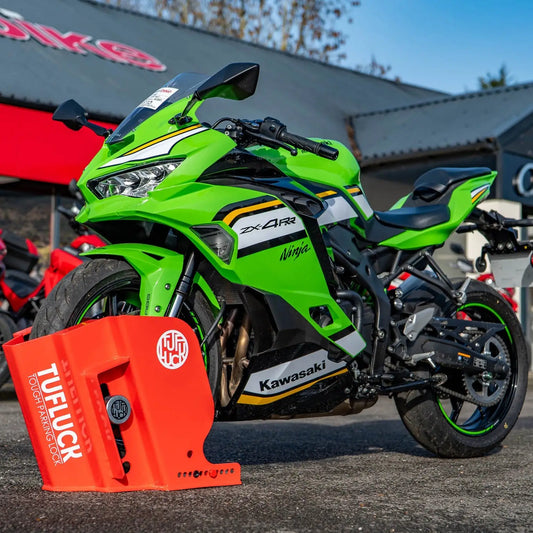 Kawasaki ZX4RR locked in TufLuck Ground Anchor