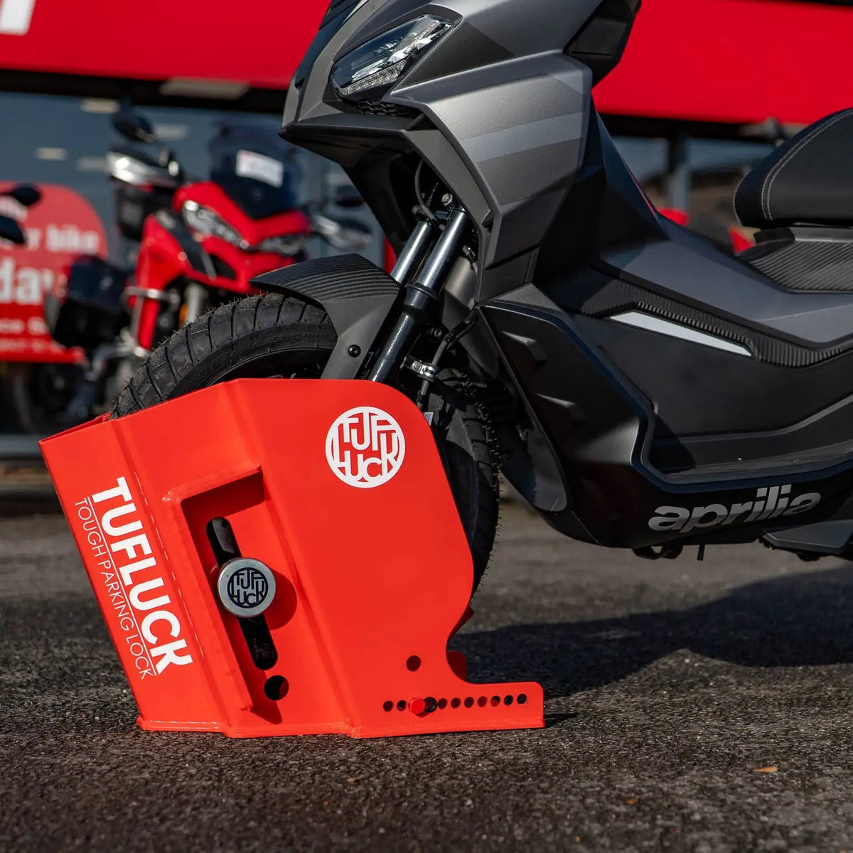 TufLuck - Ground Anchor & Wheel Chock - Tough Motorcycle Parking Lock ...