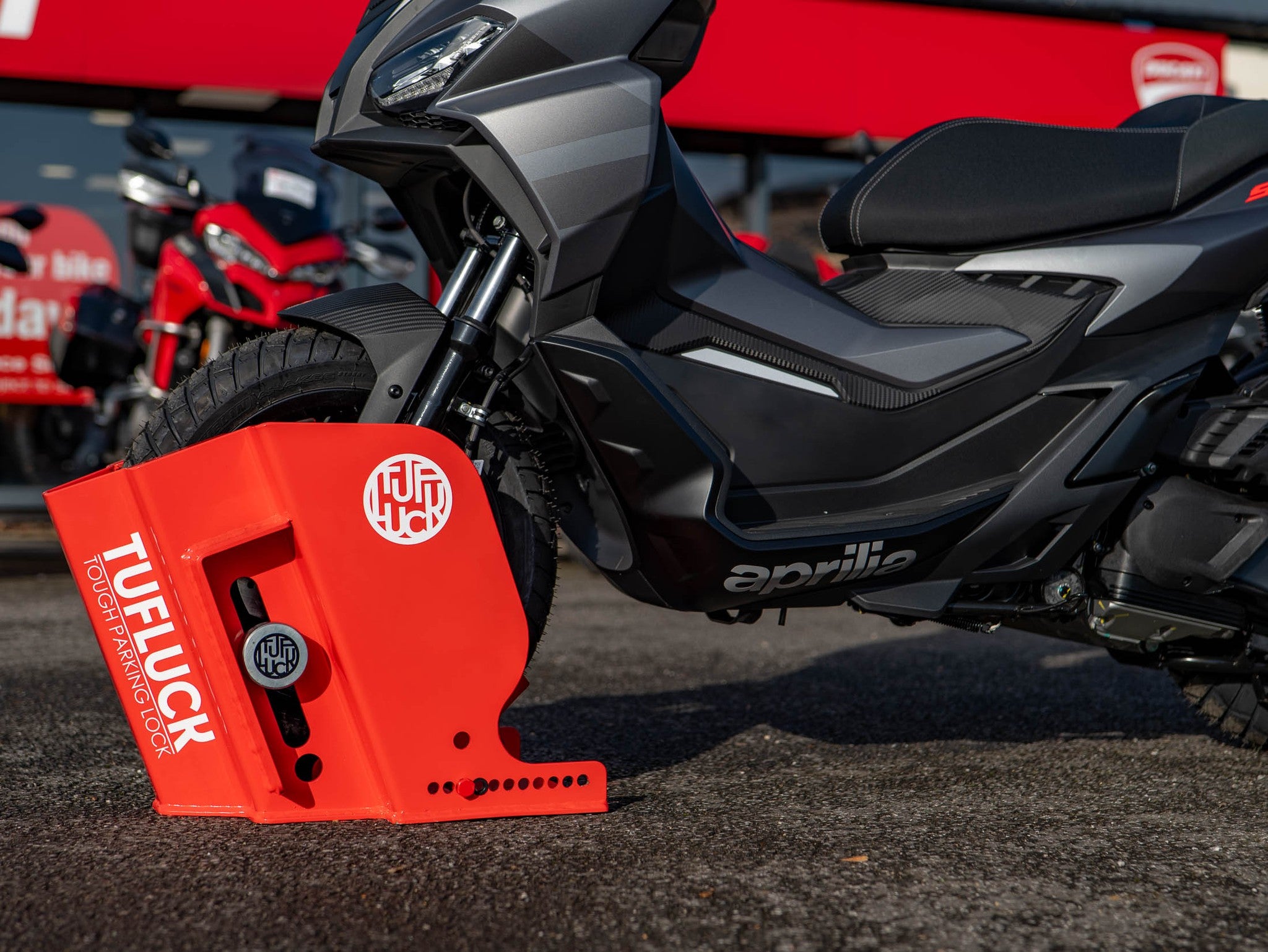 TufLuck - Tough Motorcycle Parking Lock - Ground Anchor & Wheel Chock