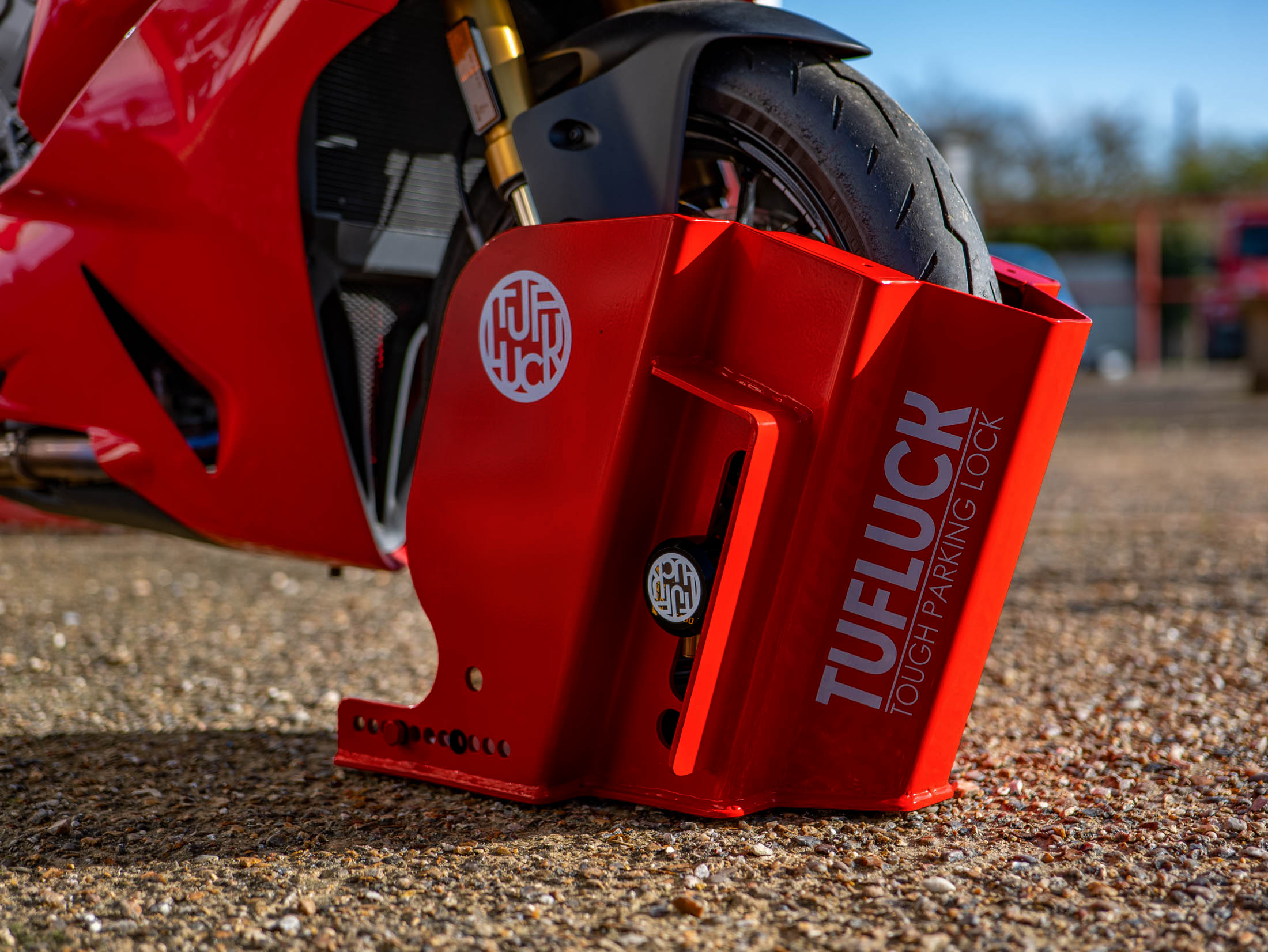 TufLuck - Tough Motorcycle Parking Lock - Ground Anchor & Wheel Chock